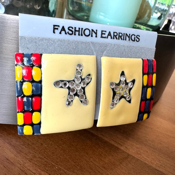 Vintage Enamel Square Star Earrings - Picture 2 of 6